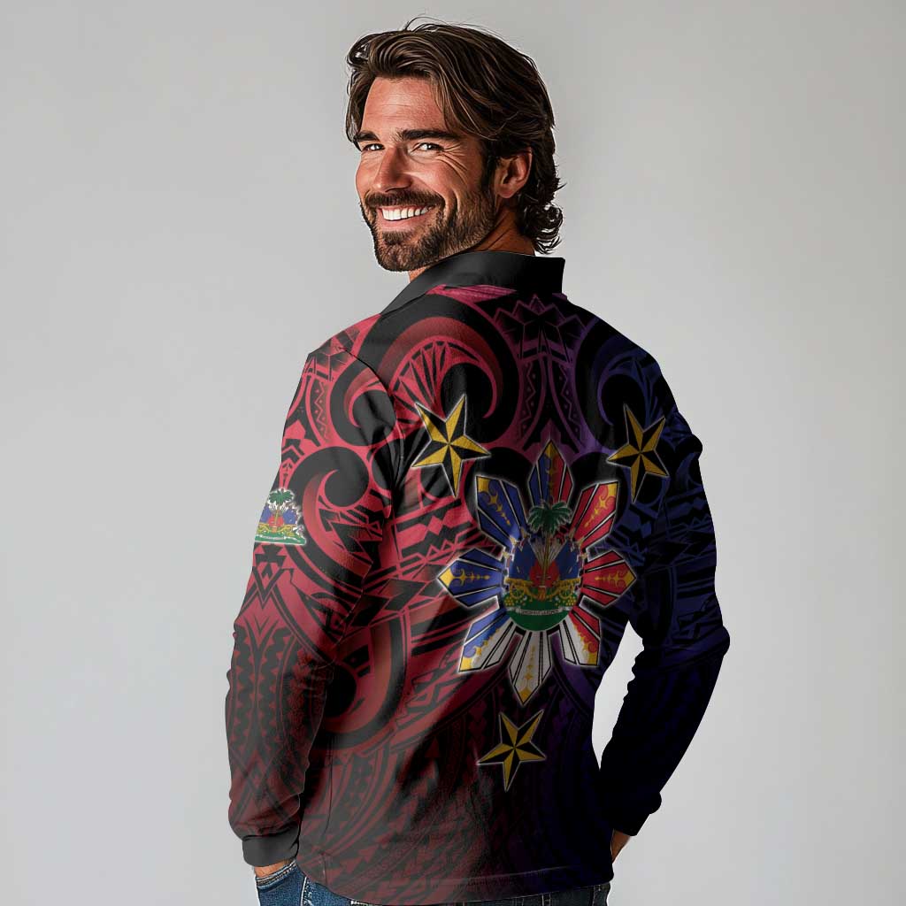 Haiti Philippines Long Sleeve Polo Shirt Haitian Coat Of Arms With Filipino Sun LT05 - Polynesian Pride