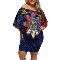 Haiti Philippines Off Shoulder Short Dress Haitian Coat Of Arms With Filipino Sun LT05 Women Black - Polynesian Pride