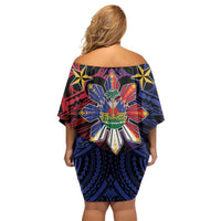 Haiti Philippines Off Shoulder Short Dress Haitian Coat Of Arms With Filipino Sun LT05 - Polynesian Pride