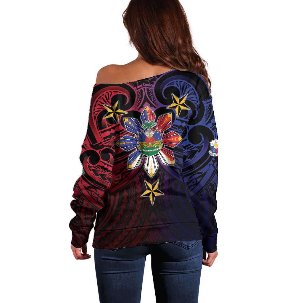 Haiti Philippines Off Shoulder Sweater Haitian Coat Of Arms With Filipino Sun