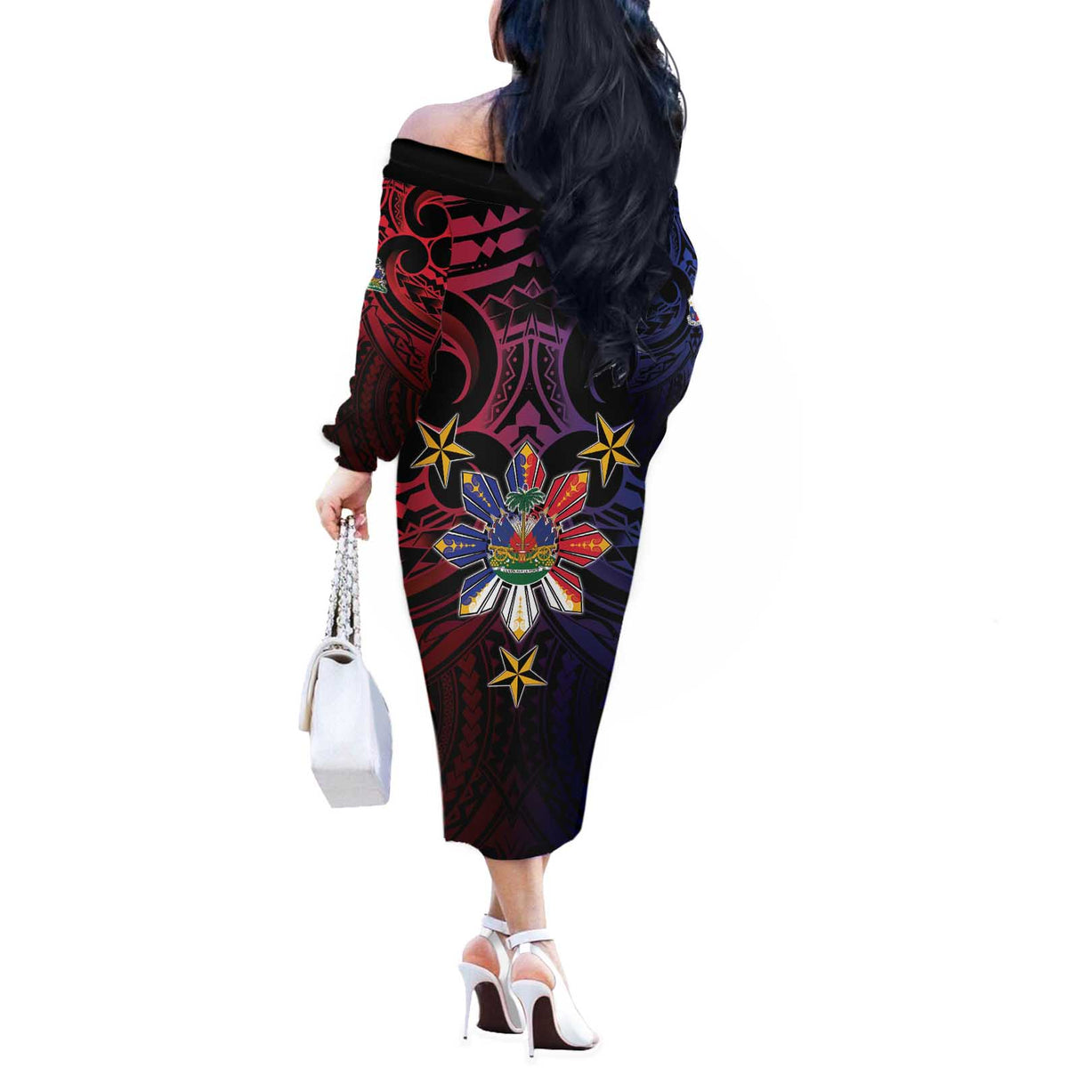 Haiti Philippines Off The Shoulder Long Sleeve Dress Haitian Coat Of Arms With Filipino Sun LT05 - Polynesian Pride