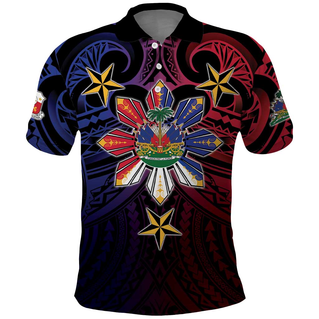 Haiti Philippines Polo Shirt Haitian Coat Of Arms With Filipino Sun LT05 Black - Polynesian Pride