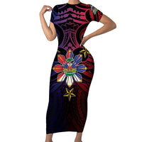 Haiti Philippines Short Sleeve Bodycon Dress Haitian Coat Of Arms With Filipino Sun LT05 Long Dress Black - Polynesian Pride