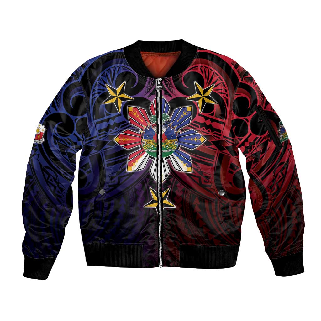 Haiti Philippines Sleeve Zip Bomber Jacket Haitian Coat Of Arms With Filipino Sun