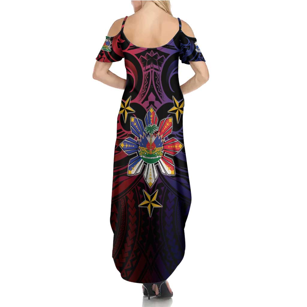 Haiti Philippines Summer Maxi Dress Haitian Coat Of Arms With Filipino Sun LT05 - Polynesian Pride