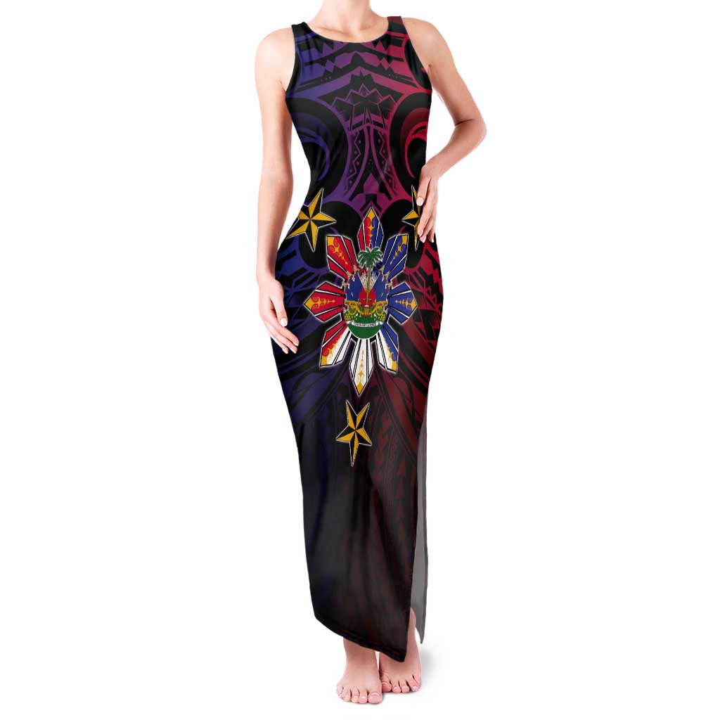 Haiti Philippines Tank Maxi Dress Haitian Coat Of Arms With Filipino Sun LT05 Women Black - Polynesian Pride