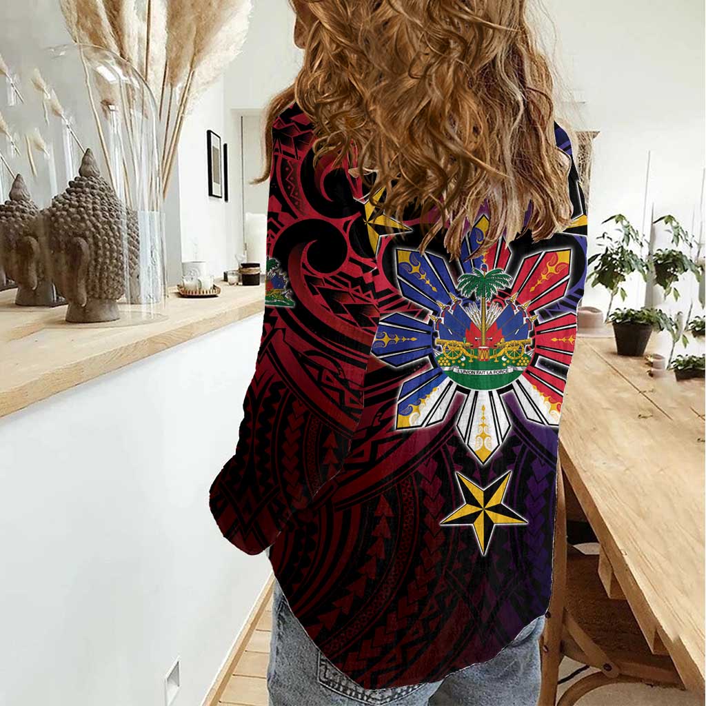 Haiti Philippines Women Casual Shirt Haitian Coat Of Arms With Filipino Sun LT05 - Polynesian Pride