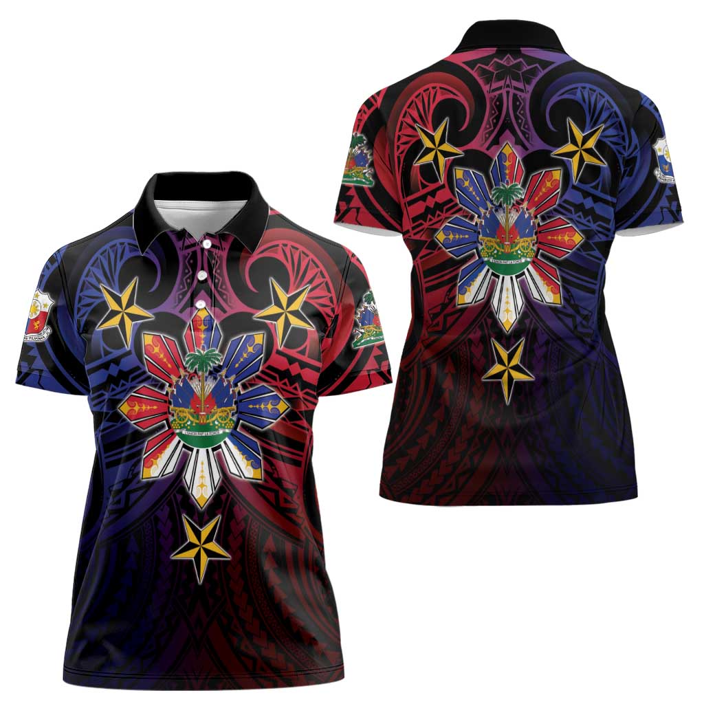 Haiti Philippines Women Polo Shirt Haitian Coat Of Arms With Filipino Sun LT05 - Polynesian Pride