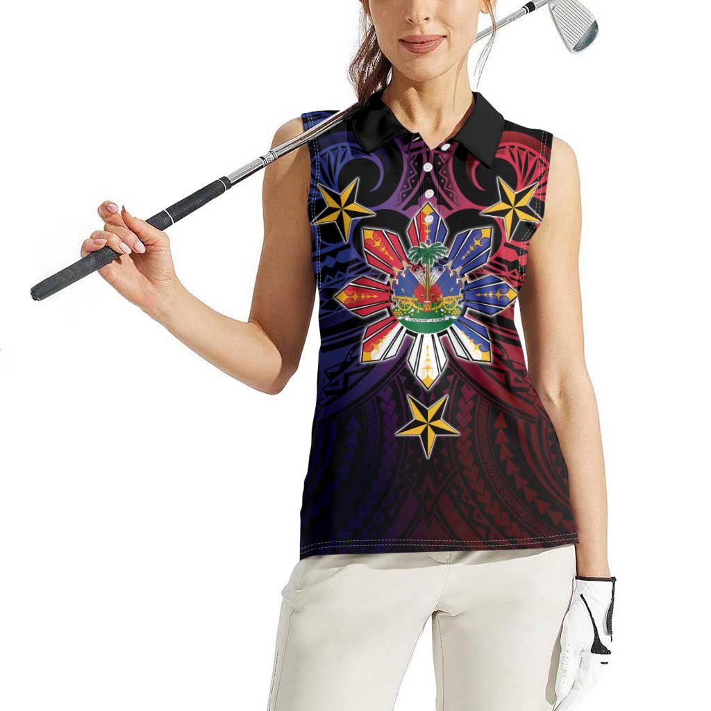 Haiti Philippines Women Sleeveless Polo Shirt Haitian Coat Of Arms With Filipino Sun LT05 - Polynesian Pride