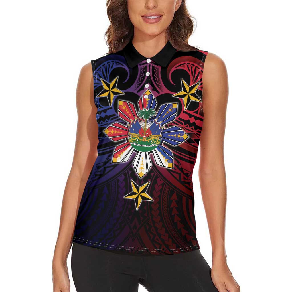 Haiti Philippines Women Sleeveless Polo Shirt Haitian Coat Of Arms With Filipino Sun LT05 - Polynesian Pride