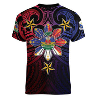 Haiti Philippines Women V-Neck T-Shirt Haitian Coat Of Arms With Filipino Sun LT05 - Polynesian Pride