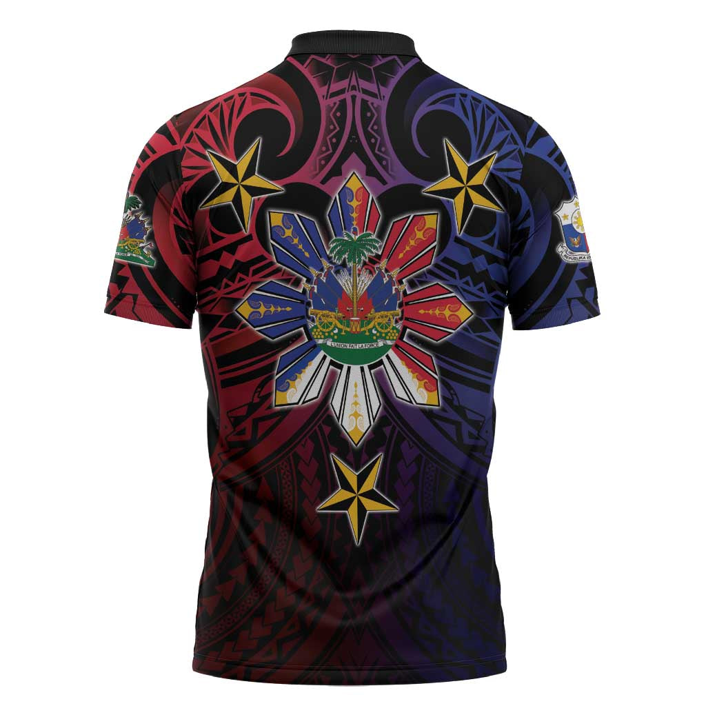 Haiti Philippines Zipper Polo Shirt Haitian Coat Of Arms With Filipino Sun LT05 - Polynesian Pride