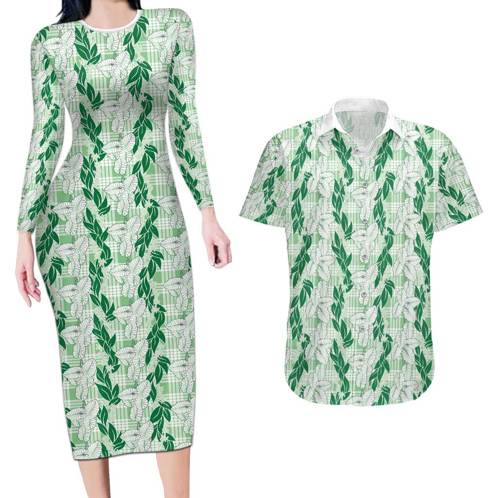 Hawaii Ti Leaf Maile Tuberose Lei Couples Matching Long Sleeve Bodycon Dress and Hawaiian Shirt With Hanalei Leaf Green