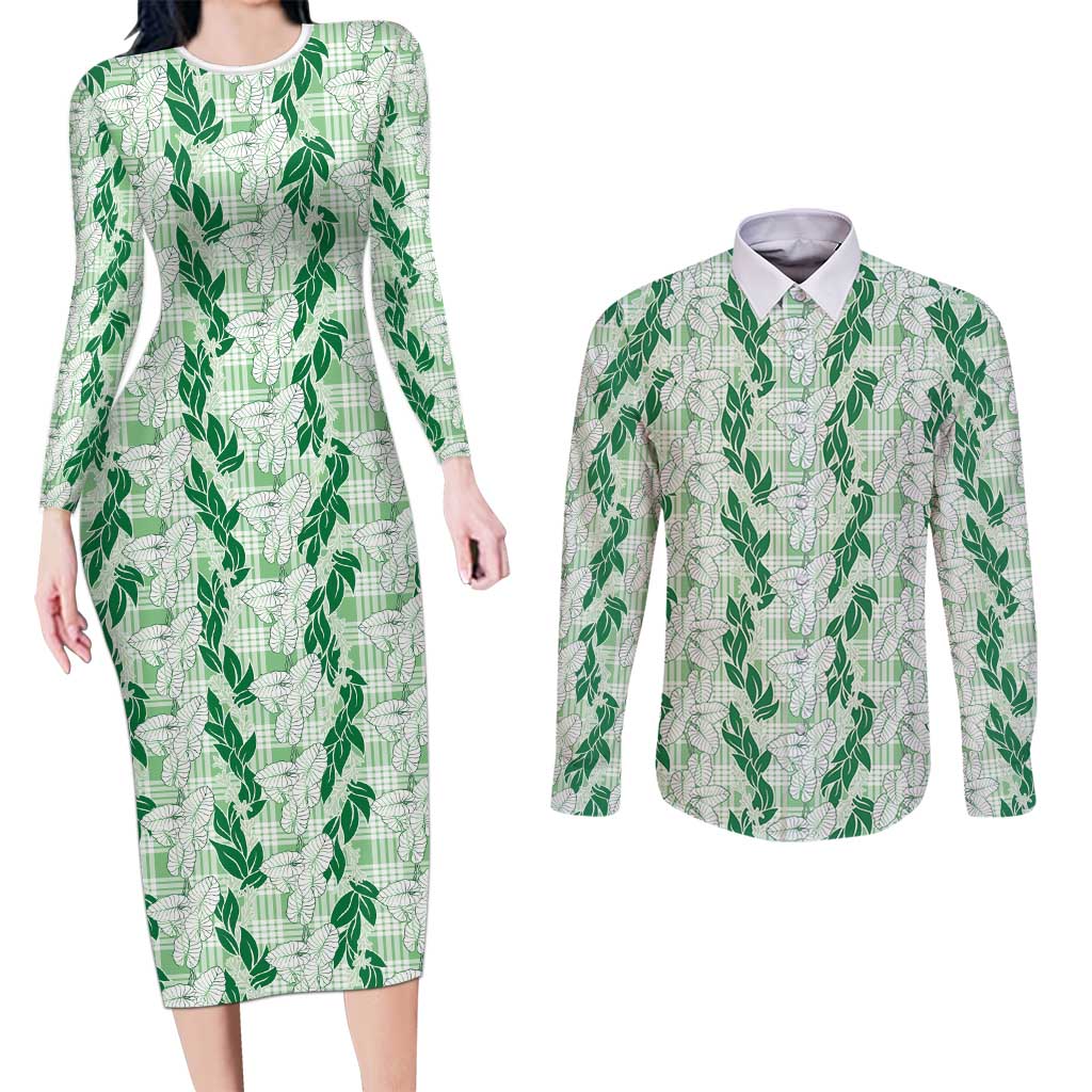 Hawaii Ti Leaf Maile Tuberose Lei Couples Matching Long Sleeve Bodycon Dress and Long Sleeve Button Shirt With Hanalei Leaf Green