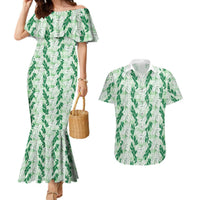 Hawaii Ti Leaf Maile Tuberose Lei Couples Matching Mermaid Dress and Hawaiian Shirt With Hanalei Leaf Green LT05 Green - Polynesian Pride