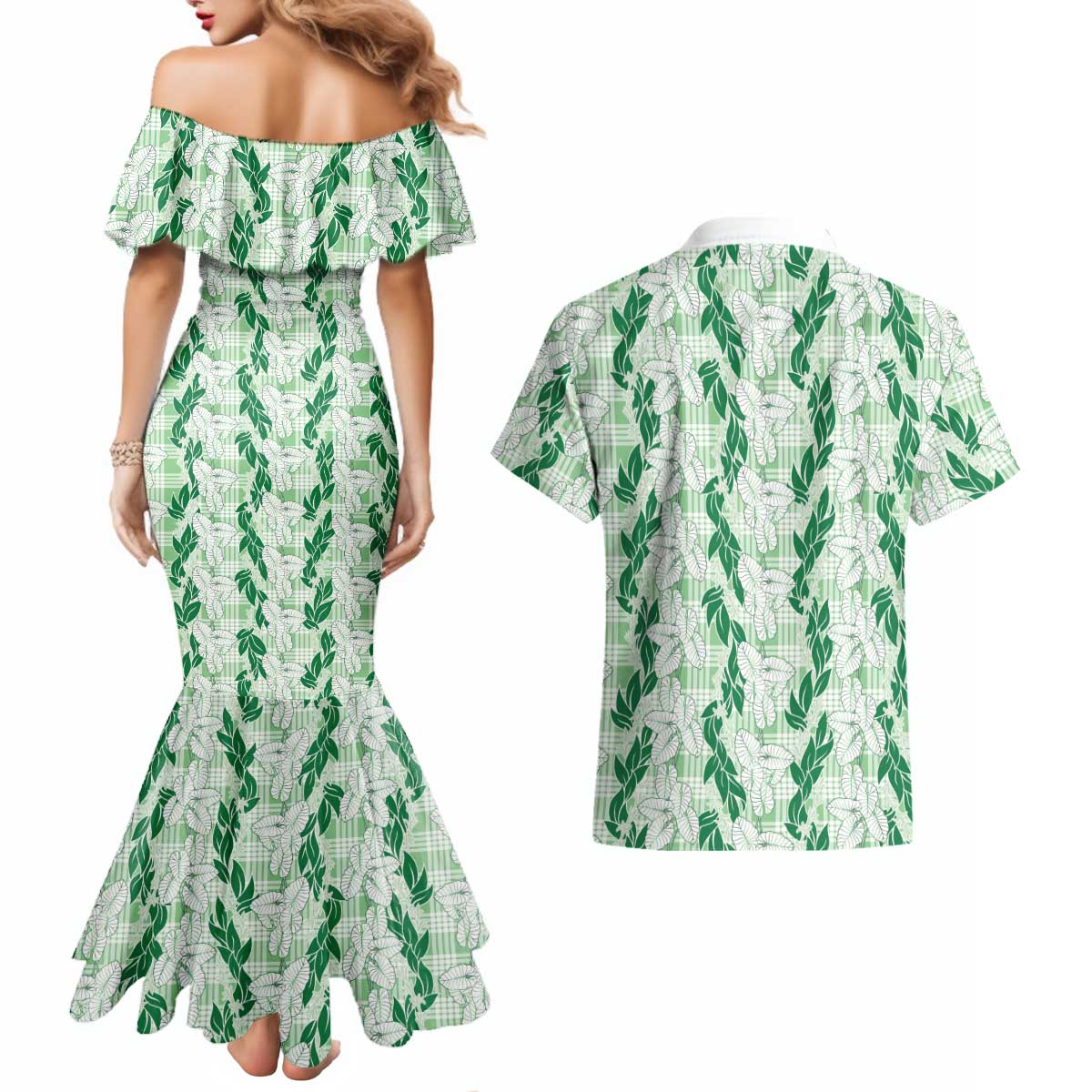 Hawaii Ti Leaf Maile Tuberose Lei Couples Matching Mermaid Dress and Hawaiian Shirt With Hanalei Leaf Green LT05 - Polynesian Pride
