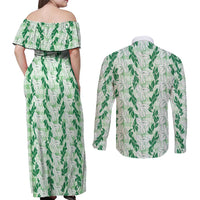 Hawaii Ti Leaf Maile Tuberose Lei Couples Matching Off Shoulder Maxi Dress and Long Sleeve Button Shirt With Hanalei Leaf Green
