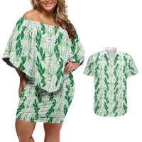 Hawaii Ti Leaf Maile Tuberose Lei Couples Matching Off Shoulder Short Dress and Hawaiian Shirt With Hanalei Leaf Green