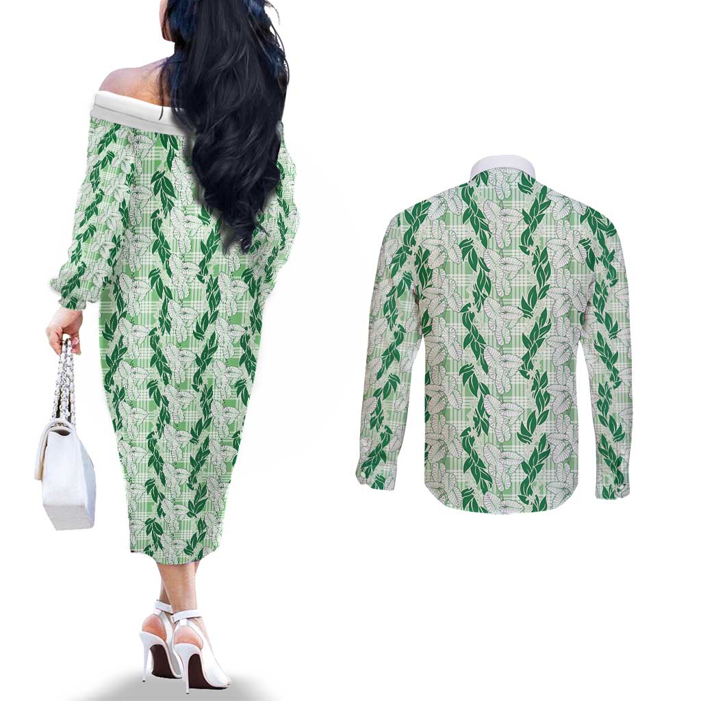 Hawaii Ti Leaf Maile Tuberose Lei Couples Matching Off The Shoulder Long Sleeve Dress and Long Sleeve Button Shirt With Hanalei Leaf Green LT05 - Polynesian Pride