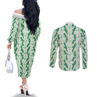 Hawaii Ti Leaf Maile Tuberose Lei Couples Matching Off The Shoulder Long Sleeve Dress and Long Sleeve Button Shirt With Hanalei Leaf Green LT05 - Polynesian Pride
