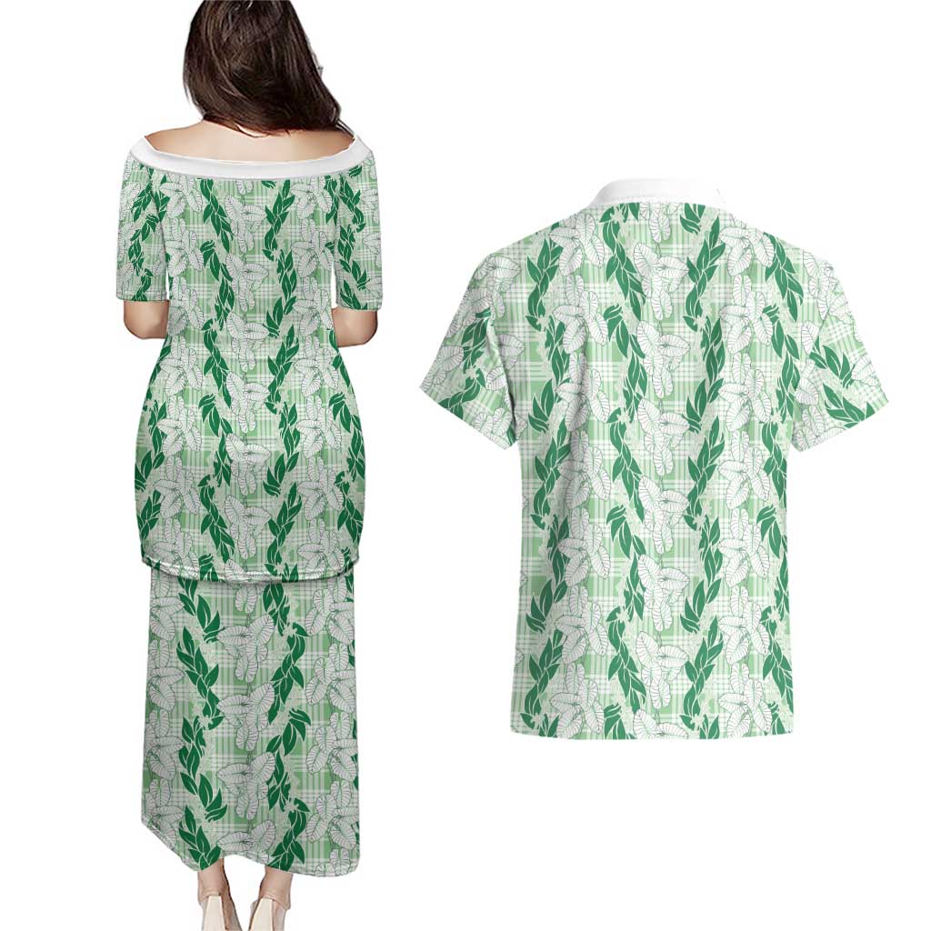 Hawaii Ti Leaf Maile Tuberose Lei Couples Matching Puletasi and Hawaiian Shirt With Hanalei Leaf Green