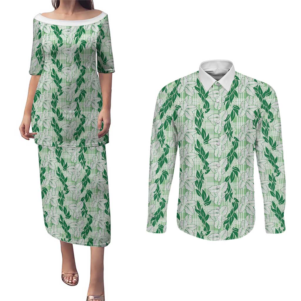 Hawaii Ti Leaf Maile Tuberose Lei Couples Matching Puletasi and Long Sleeve Button Shirt With Hanalei Leaf Green LT05 Green - Polynesian Pride