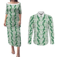 Hawaii Ti Leaf Maile Tuberose Lei Couples Matching Puletasi and Long Sleeve Button Shirt With Hanalei Leaf Green LT05 Green - Polynesian Pride