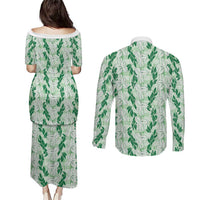 Hawaii Ti Leaf Maile Tuberose Lei Couples Matching Puletasi and Long Sleeve Button Shirt With Hanalei Leaf Green LT05 - Polynesian Pride