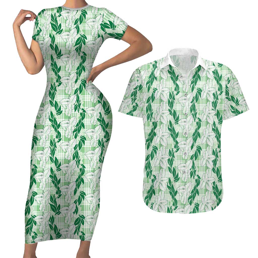 Hawaii Ti Leaf Maile Tuberose Lei Couples Matching Short Sleeve Bodycon Dress and Hawaiian Shirt With Hanalei Leaf Green LT05 Green - Polynesian Pride