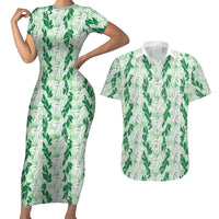 Hawaii Ti Leaf Maile Tuberose Lei Couples Matching Short Sleeve Bodycon Dress and Hawaiian Shirt With Hanalei Leaf Green LT05 Green - Polynesian Pride