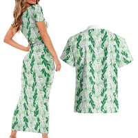 Hawaii Ti Leaf Maile Tuberose Lei Couples Matching Short Sleeve Bodycon Dress and Hawaiian Shirt With Hanalei Leaf Green LT05 - Polynesian Pride