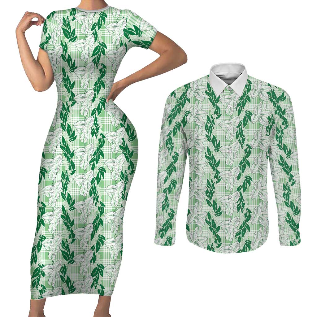 Hawaii Ti Leaf Maile Tuberose Lei Couples Matching Short Sleeve Bodycon Dress and Long Sleeve Button Shirt With Hanalei Leaf Green