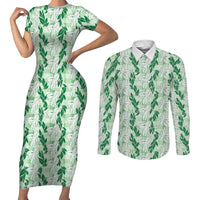 Hawaii Ti Leaf Maile Tuberose Lei Couples Matching Short Sleeve Bodycon Dress and Long Sleeve Button Shirt With Hanalei Leaf Green