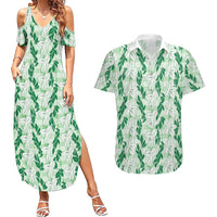 Hawaii Ti Leaf Maile Tuberose Lei Couples Matching Summer Maxi Dress and Hawaiian Shirt With Hanalei Leaf Green