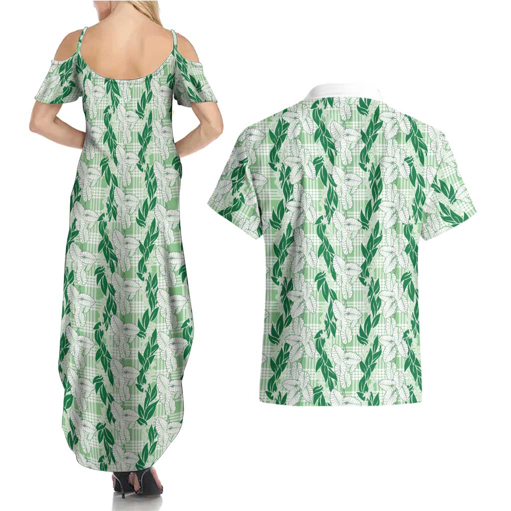 Hawaii Ti Leaf Maile Tuberose Lei Couples Matching Summer Maxi Dress and Hawaiian Shirt With Hanalei Leaf Green