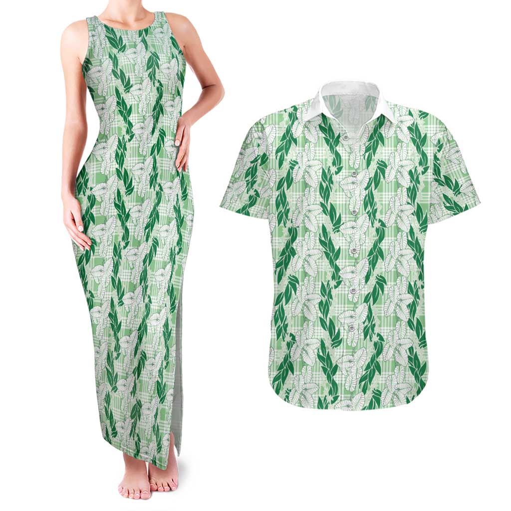 Hawaii Ti Leaf Maile Tuberose Lei Couples Matching Tank Maxi Dress and Hawaiian Shirt With Hanalei Leaf Green LT05 Green - Polynesian Pride