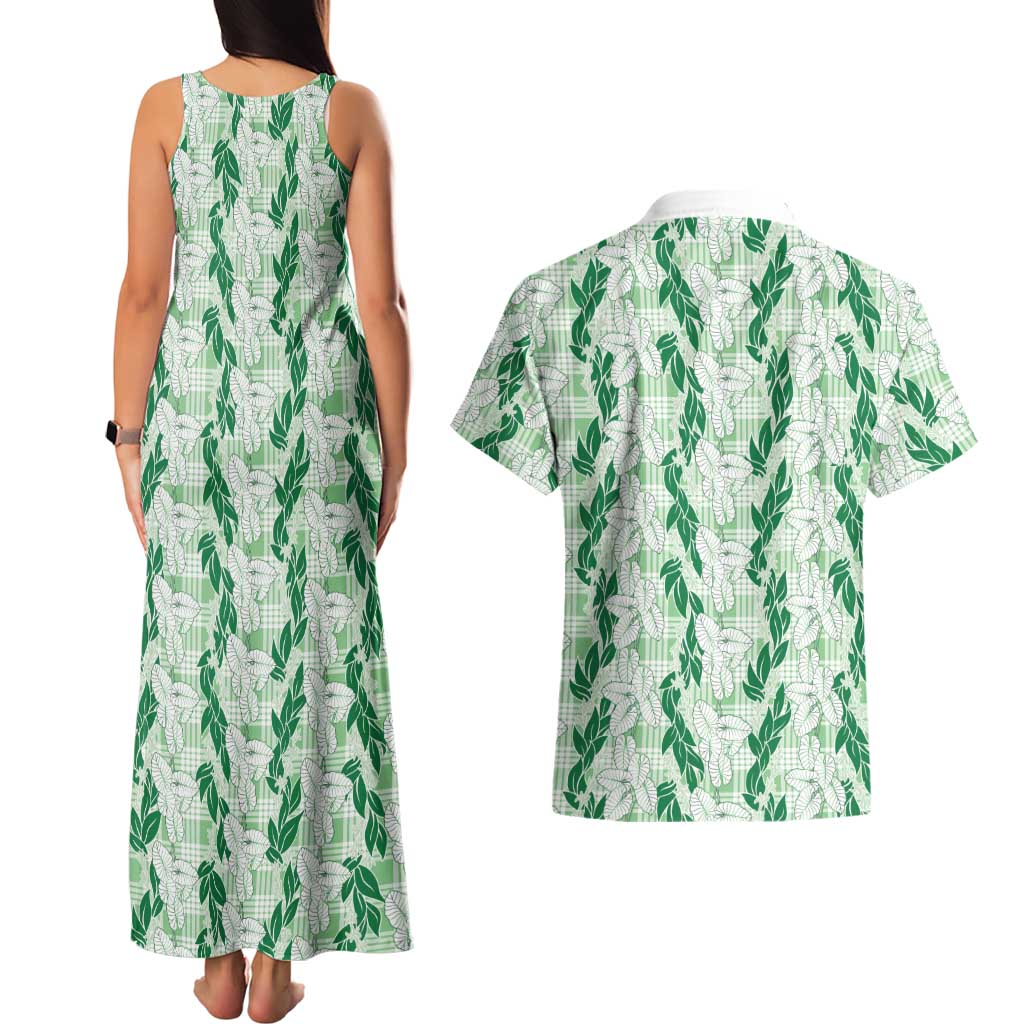 Hawaii Ti Leaf Maile Tuberose Lei Couples Matching Tank Maxi Dress and Hawaiian Shirt With Hanalei Leaf Green LT05 - Polynesian Pride