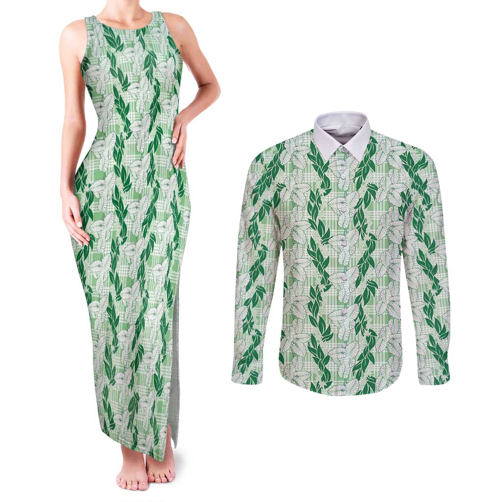 Hawaii Ti Leaf Maile Tuberose Lei Couples Matching Tank Maxi Dress and Long Sleeve Button Shirt With Hanalei Leaf Green