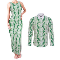 Hawaii Ti Leaf Maile Tuberose Lei Couples Matching Tank Maxi Dress and Long Sleeve Button Shirt With Hanalei Leaf Green