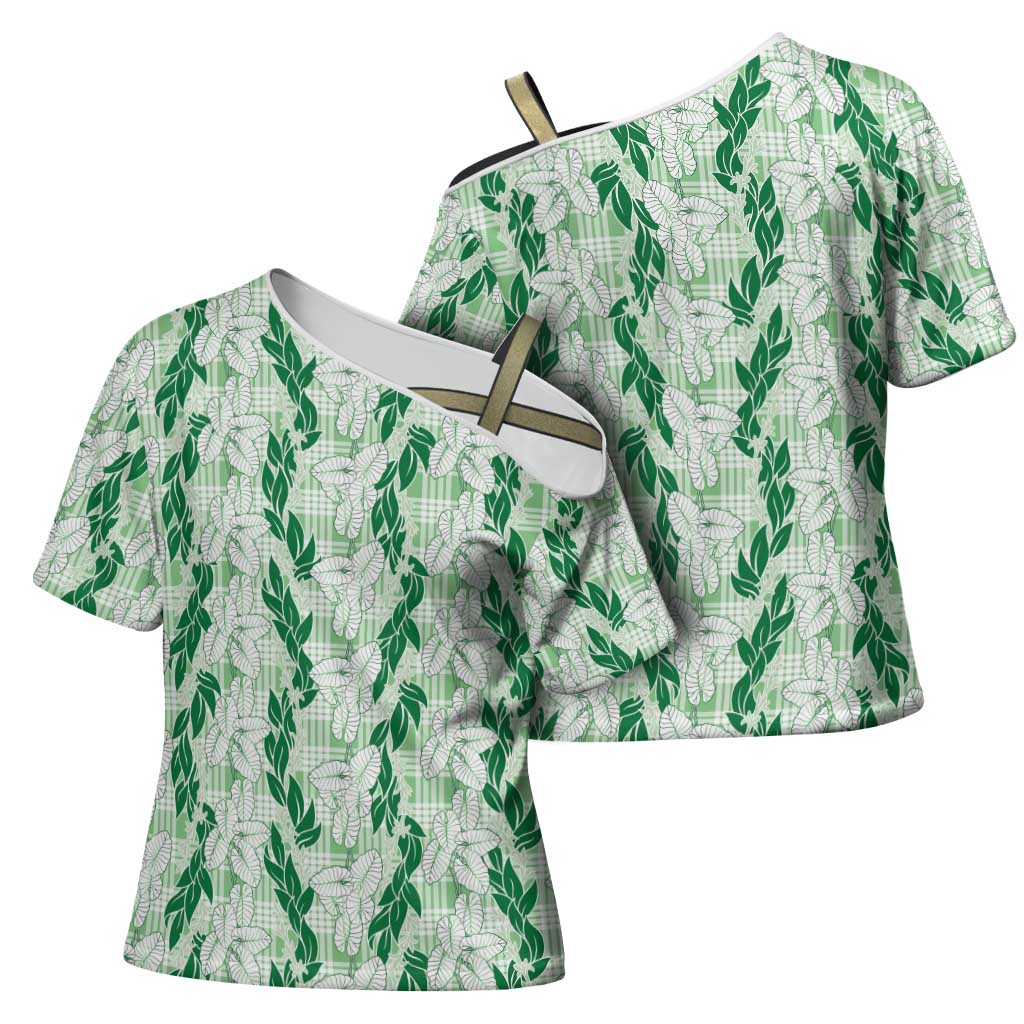 Hawaii Ti Leaf Maile Tuberose Lei Cross Shoulder Shirt With Hanalei Leaf Green
