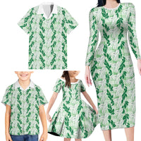 Hawaii Ti Leaf Maile Tuberose Lei Family Matching Long Sleeve Bodycon Dress and Hawaiian Shirt With Hanalei Leaf Green LT05 - Polynesian Pride