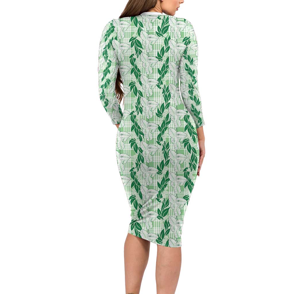 Hawaii Ti Leaf Maile Tuberose Lei Family Matching Long Sleeve Bodycon Dress and Hawaiian Shirt With Hanalei Leaf Green LT05 - Polynesian Pride