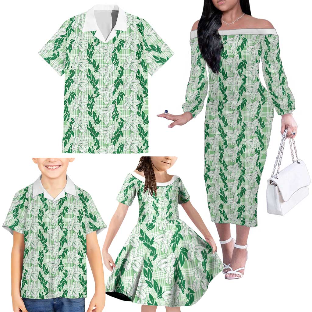 Hawaii Ti Leaf Maile Tuberose Lei Family Matching Off The Shoulder Long Sleeve Dress and Hawaiian Shirt With Hanalei Leaf Green LT05 - Polynesian Pride