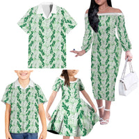 Hawaii Ti Leaf Maile Tuberose Lei Family Matching Off The Shoulder Long Sleeve Dress and Hawaiian Shirt With Hanalei Leaf Green LT05 - Polynesian Pride