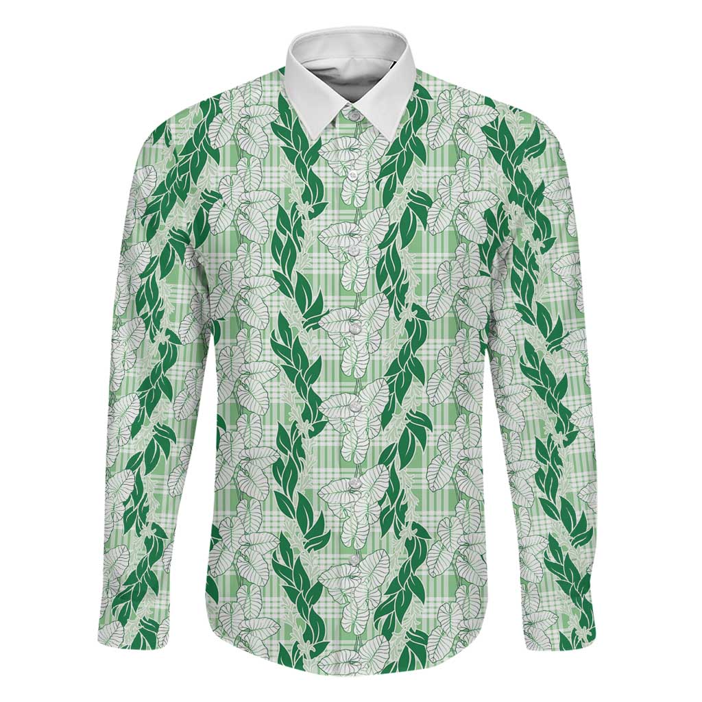 Hawaii Ti Leaf Maile Tuberose Lei Family Matching Off The Shoulder Long Sleeve Dress and Hawaiian Shirt With Hanalei Leaf Green LT05 Dad's Shirt - Long Sleeve Green - Polynesian Pride