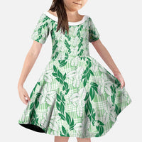 Hawaii Ti Leaf Maile Tuberose Lei Family Matching Off Shoulder Maxi Dress and Hawaiian Shirt With Hanalei Leaf Green LT05 Daughter's Dress Green - Polynesian Pride
