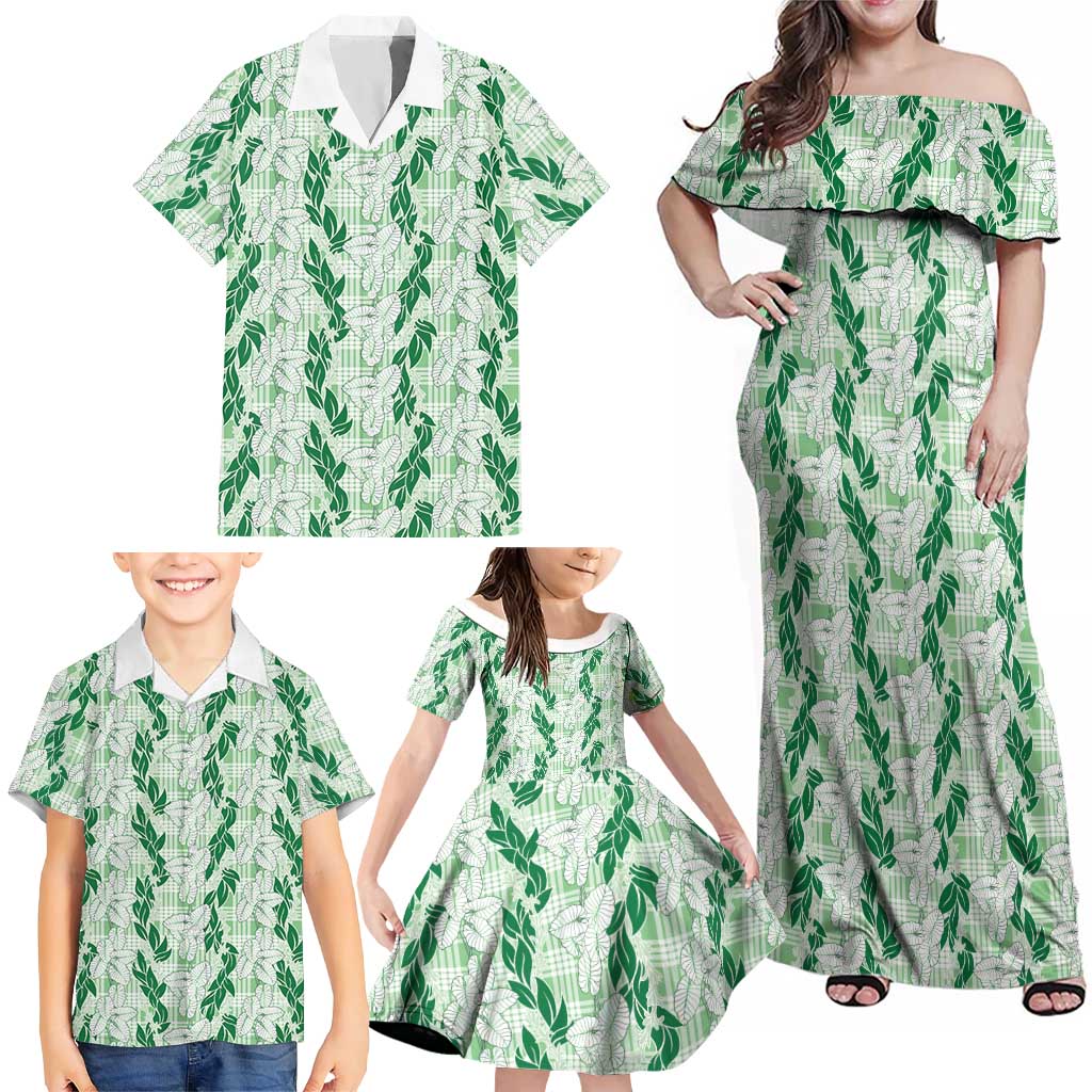 Hawaii Ti Leaf Maile Tuberose Lei Family Matching Off Shoulder Maxi Dress and Hawaiian Shirt With Hanalei Leaf Green LT05 - Polynesian Pride