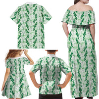 Hawaii Ti Leaf Maile Tuberose Lei Family Matching Off Shoulder Maxi Dress and Hawaiian Shirt With Hanalei Leaf Green LT05 - Polynesian Pride