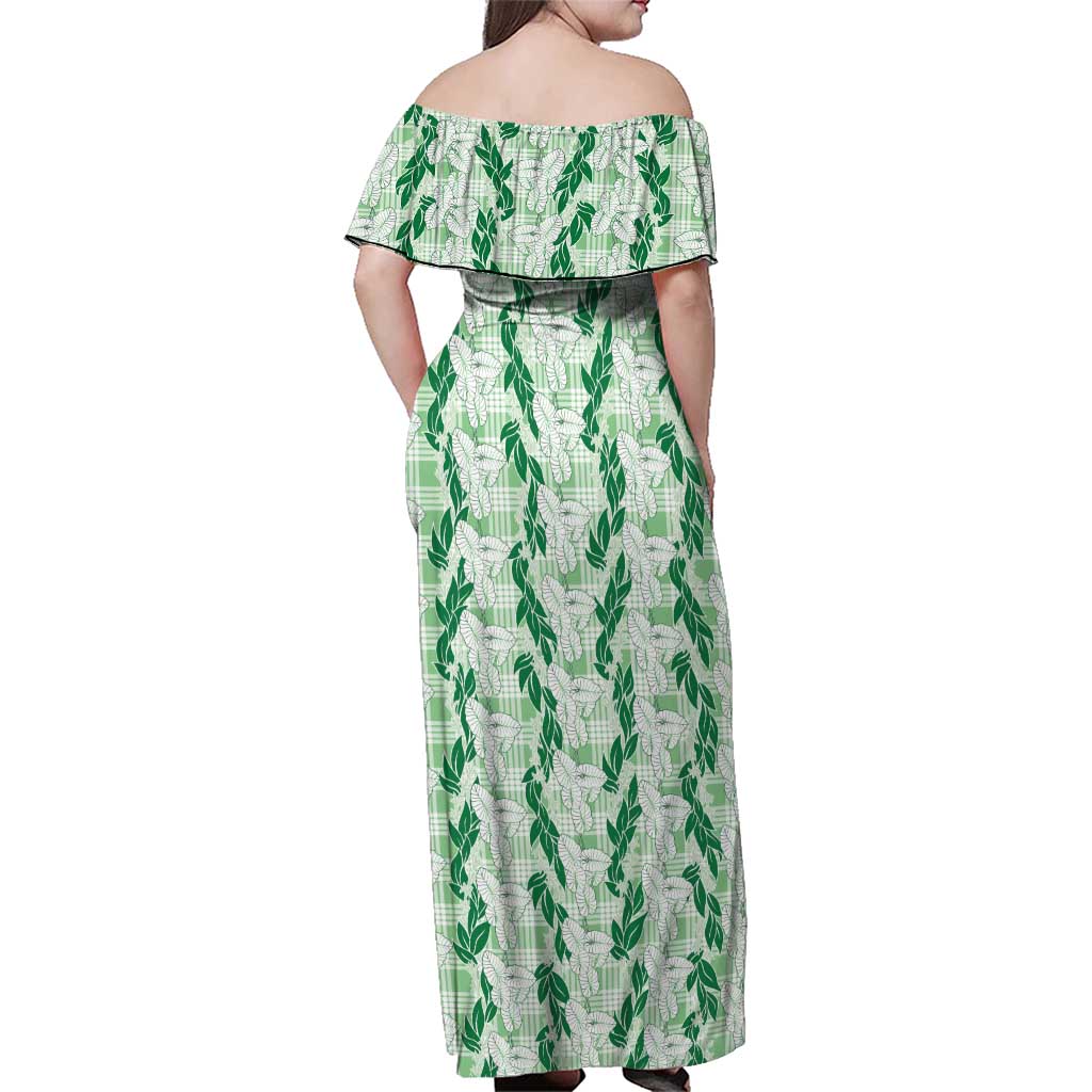 Hawaii Ti Leaf Maile Tuberose Lei Family Matching Off Shoulder Maxi Dress and Hawaiian Shirt With Hanalei Leaf Green LT05 - Polynesian Pride