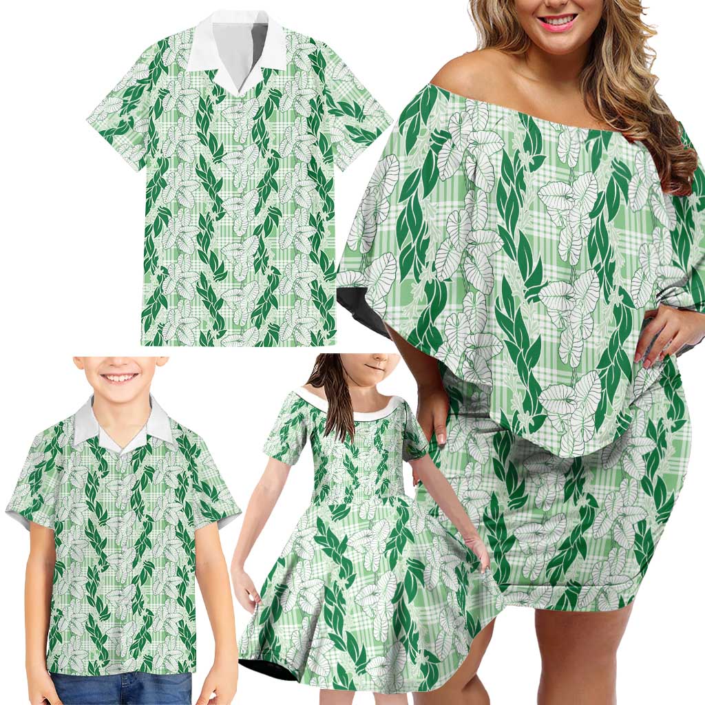 Hawaii Ti Leaf Maile Tuberose Lei Family Matching Off Shoulder Short Dress and Hawaiian Shirt With Hanalei Leaf Green